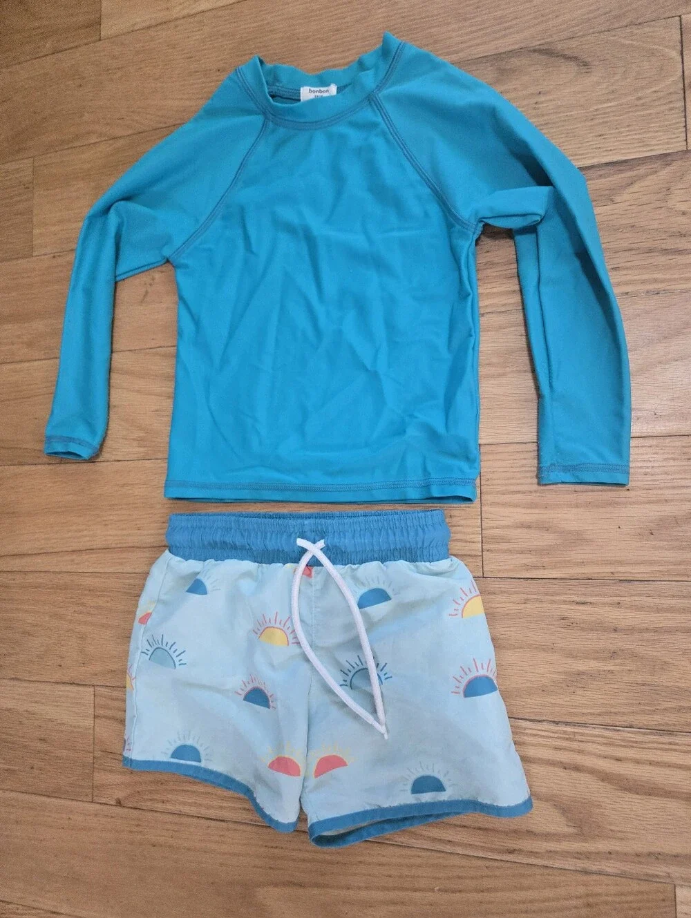 Bonbon Kids Long Sleeve Turquoise Rash Guard & Sunrise Print Swim Set 3T-4T